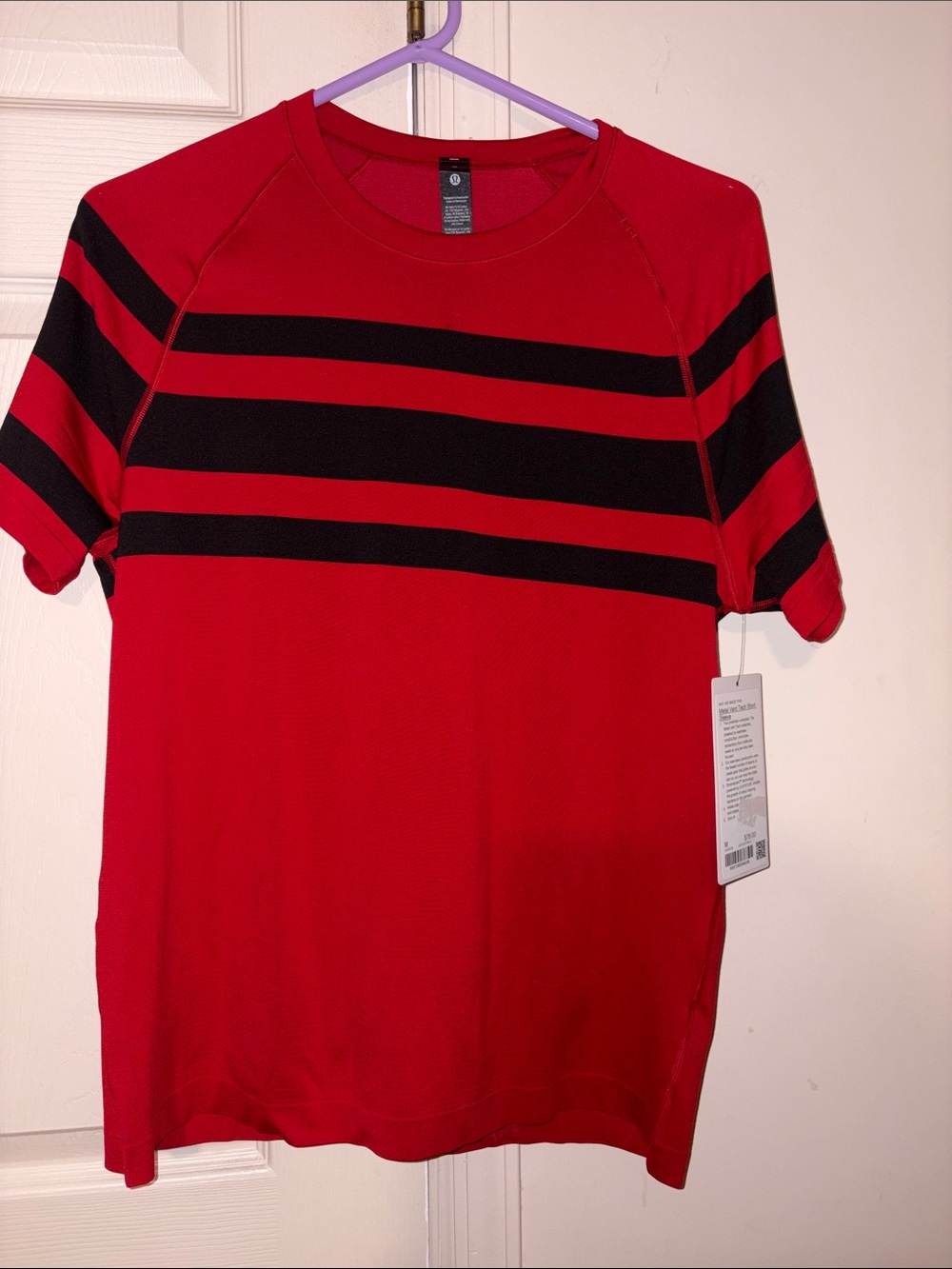 Lululemon Red & Black Striped Men's Crew Neck Shirt